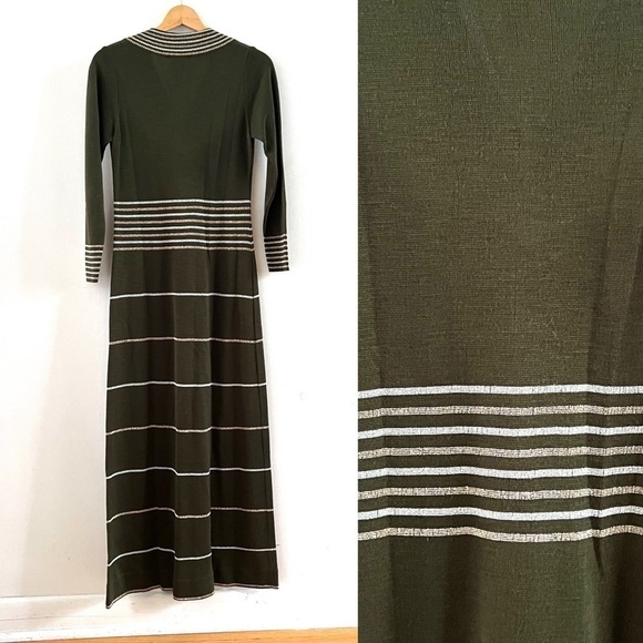 Vintage 60s 70s Maxi Dress Swedish Metallic Knit Striped V Neck Sweater Mod MCM - Picture 3 of 9